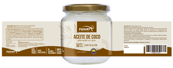 Aceite de coco 200 g - Detrás del empaque - Funat