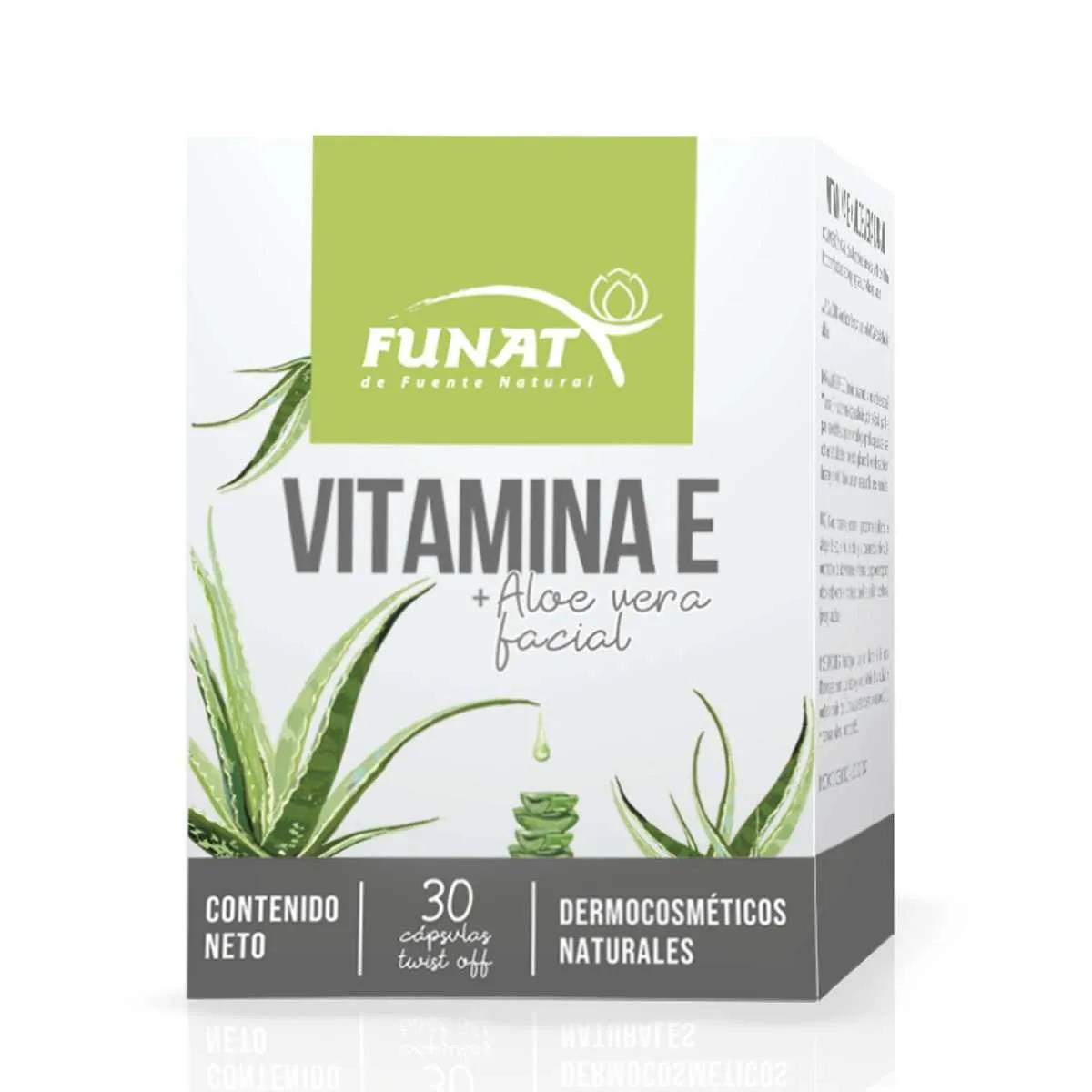 Vitamina E + Aloe vera 30 cápsulas aplicables - Frente del empaque - Funat