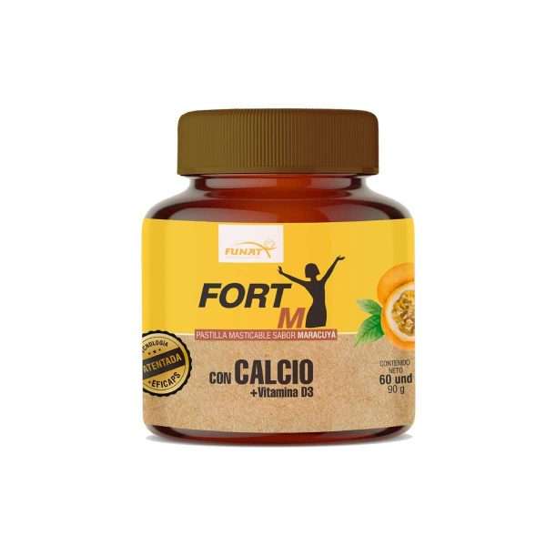 Fort M con Calcio + Vitamina D3 Maracuyá 60 unds - Frente del empaque - Funat