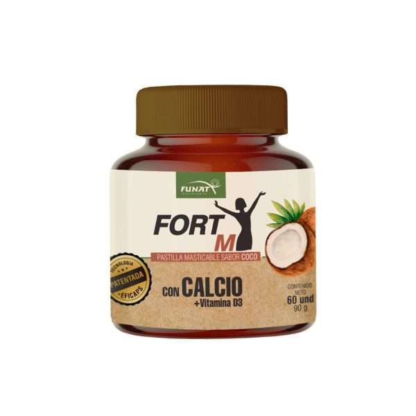 Fort M con Calcio + Vitamina D3 Coco 60 unds - Frente del empaque - Funat